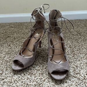 Vince Camuto Suede Beige Stiletto Lace Up Heels